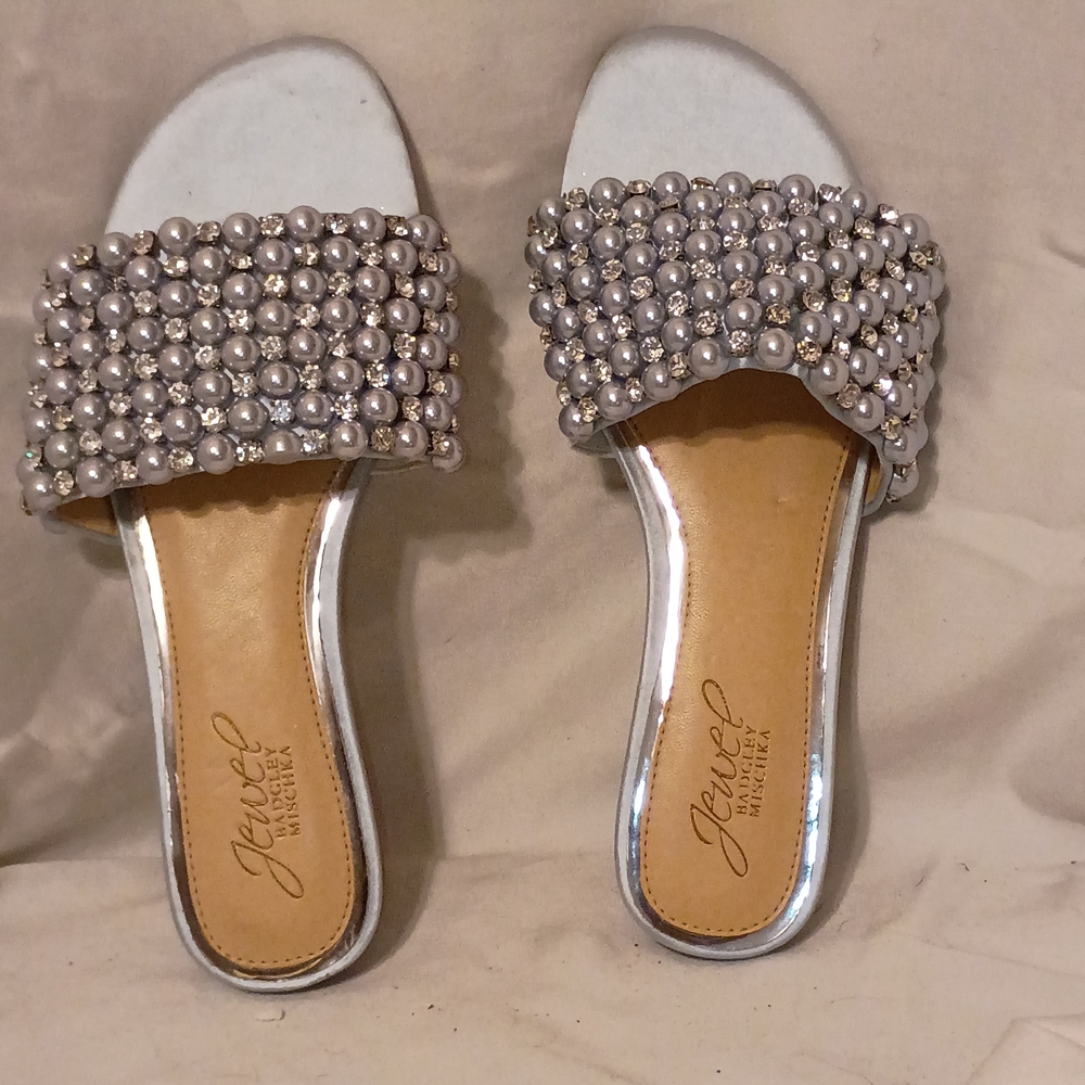 Jewel Badgley Mischka Silver Pearl Slide Sandals